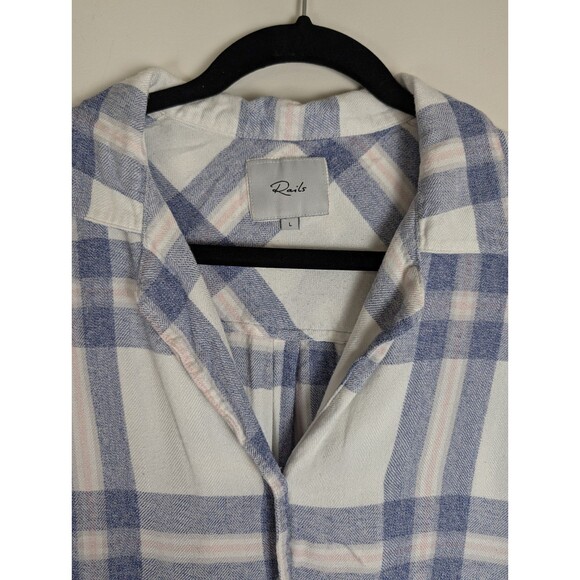 Rails Dylan Crop Top Size L Flannel Blue White Long Sleeve Button Up Pockets - Picture 2 of 10